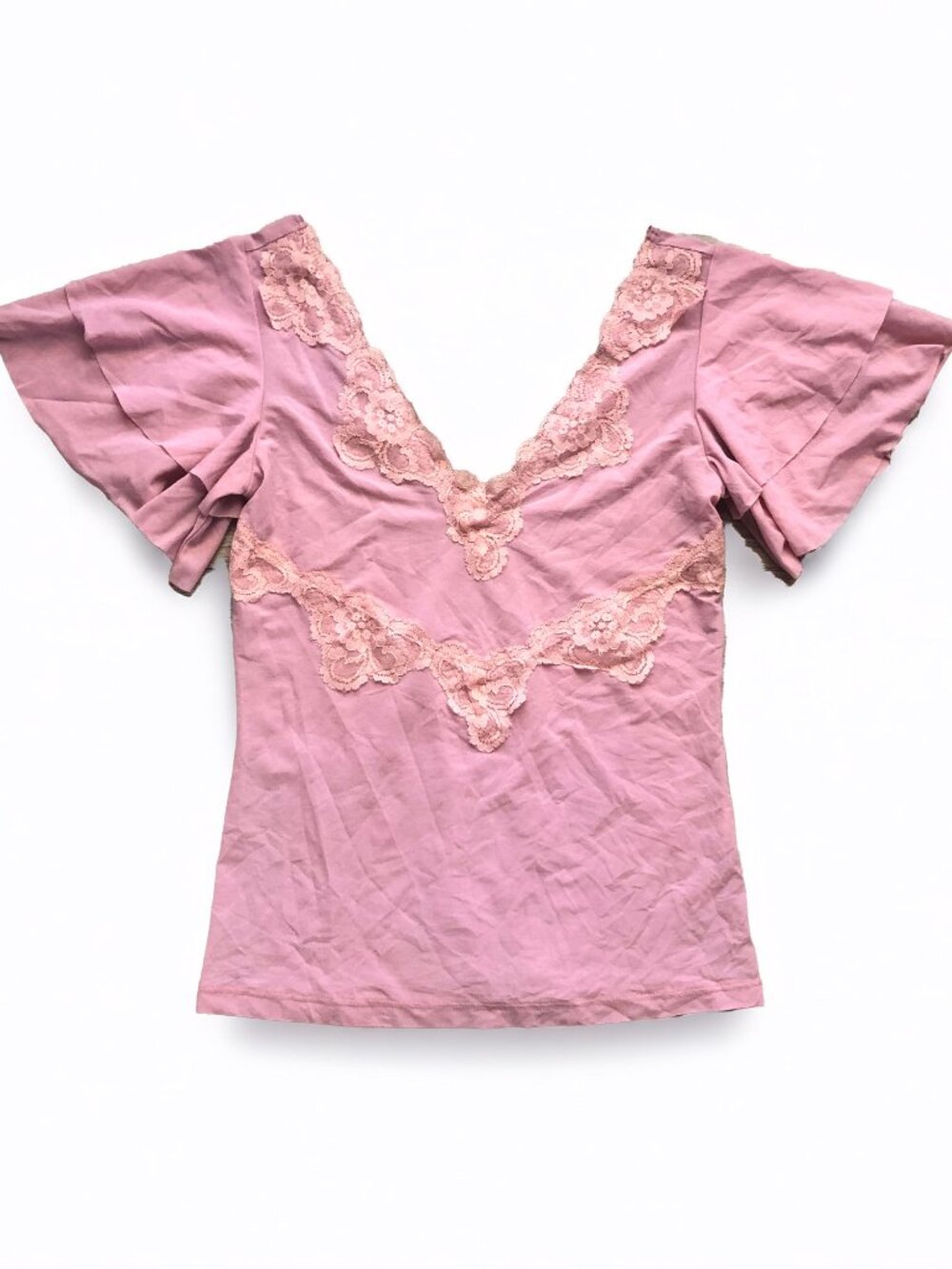 Handmade Y2K Style Mauve Pink Ruffle Sleeve Top with Lace Overlay